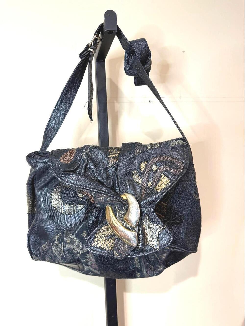90s Black Patterned Women's Shoulder Bag with Metallic Accent